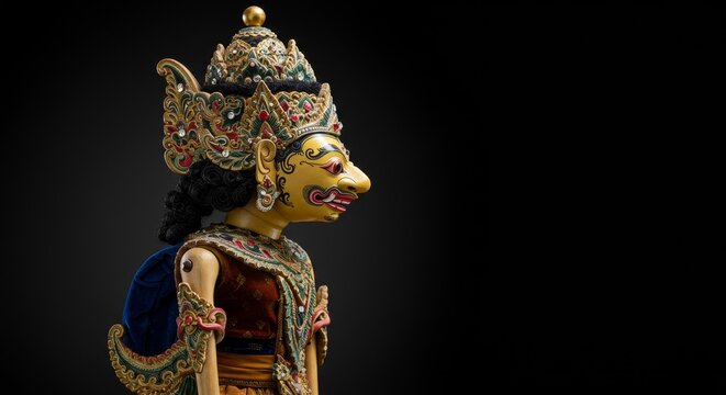 A Javanese wayang golek puppet with a yellow face ornate headdress  traditional attire stands against a dark backdrop