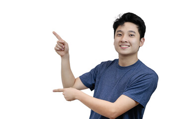 Smiling asian Man Gesturing with Open Hand Isolated on White Background