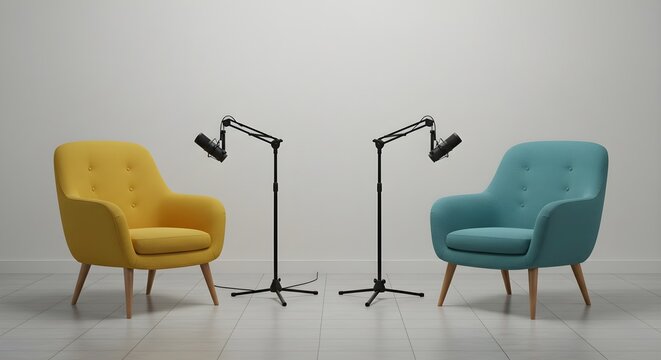 Podcast or interview setup two chairs and microphones in a podcast or interview room