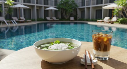 Bowl of pho  iced coffee on table by pool Building  sun loungers in back