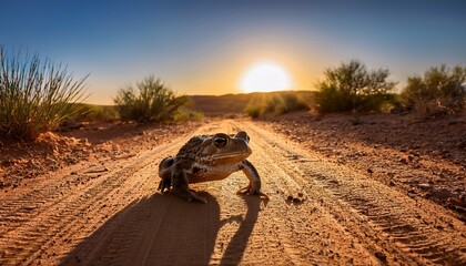 woodhouse s toad hopping across a desert path at sunset