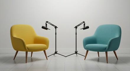 Podcast or interview setup two chairs and microphones in a podcast or interview room