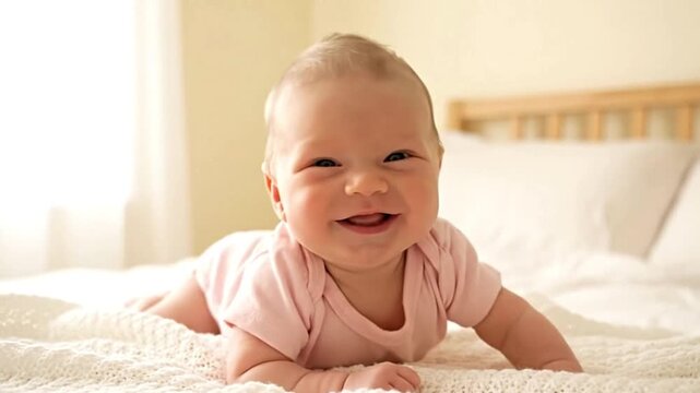 Smiling infant lying on a white knit blanket on a bed wearing a pink onesie
