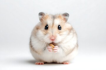 Cute hamster holding a seed in paws, isolated on white. Great for animal lovers and educational content.