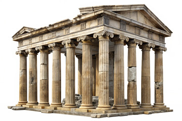 Naklejka premium Ancient Greek temple with Ionic columns and pediment made of stone isolated on a transparent background