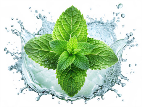 Fresh green mint leaves with water splash and abstract colorful background A I Generated isolated on a transparent background