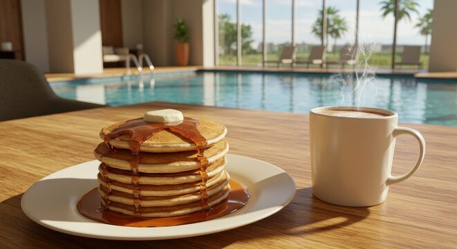 Pancakes topped with butter and syrup along with a steaming coffee mug sit on a table beside a pool with palm trees