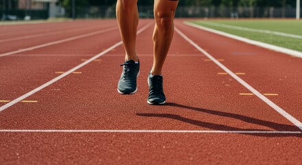 Obraz premium Runners legs and shoes on a red track white lines marking lanes