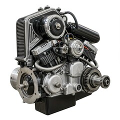 High resolution image of a detailed V twin motorcycle engine silver and black components isolated on white background