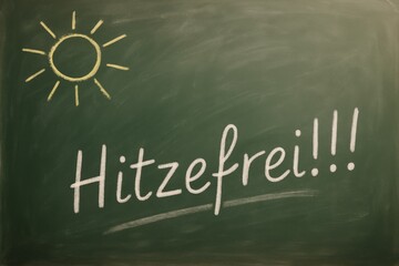 Chalkboard announces summer holiday with sun icon and the German word for no school due to heat.