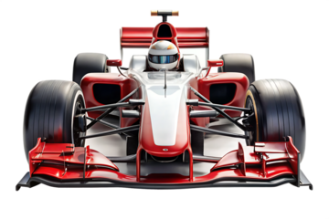 Front view of a red and white formula 1 race car with driver in cockpit isolated on a transparent background