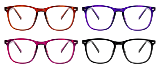 set of eyeglasses plastic frames in four colors isolated on white background
