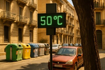 Scorching Summer Day: Digital Thermometer Displays Extreme Heatwave Temperature in Barcelona, Spain