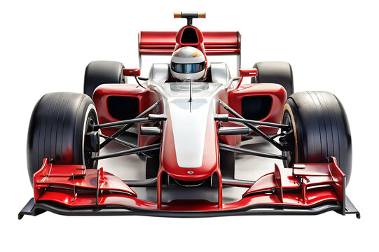 Front view of a red and white formula 1 race car with driver in cockpit isolated on a transparent background