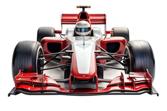 Front view of a red and white formula 1 race car with driver in cockpit isolated on a transparent background