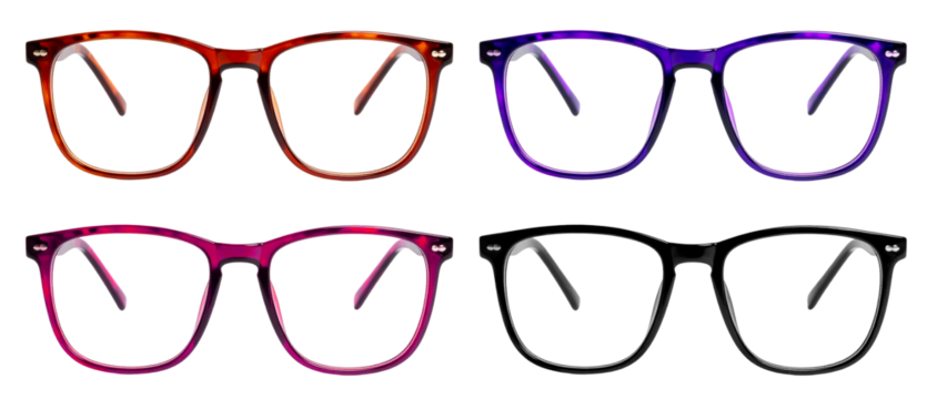 set of eyeglasses plastic frames in four colors isolated on white background