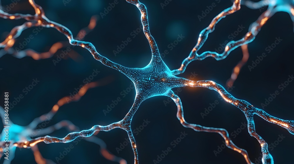 Aufkleber the image shows a stylized 3d rendering of a neuron, its axon and dendrites glowing with blue and or