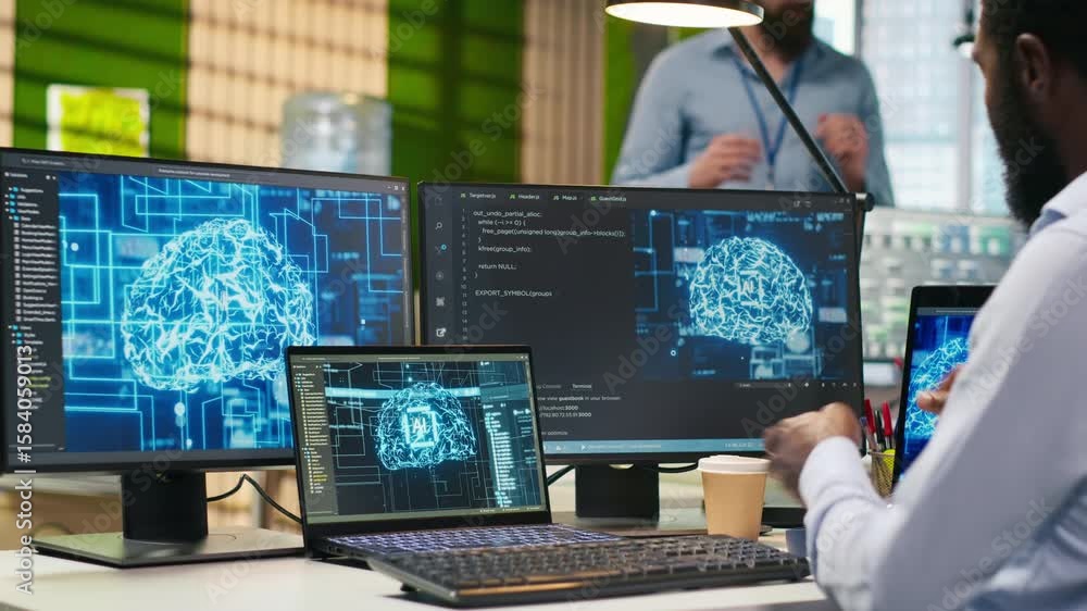 Poster admin in office relies on ai machine learning to run tasks across multiple devices, monitoring progr