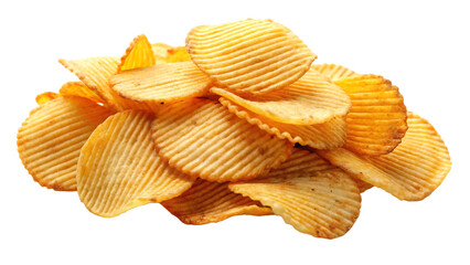 Pile of ridged potato chips with golden brown color and wavy edges isolated on a transparent background