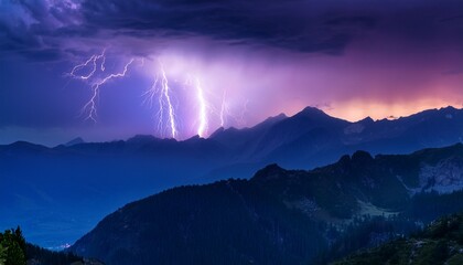 violet lightning forks across a twilight sky illuminating the jagged peaks of a mountain range shrouded in mist