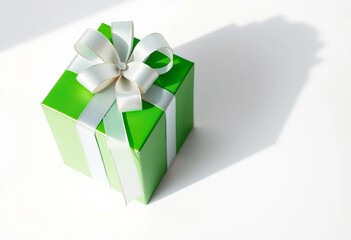 Obraz premium A vibrant green gift box adorned with a shimmering silver ribbon, softly shadowed on a pristine white background, green, shiny