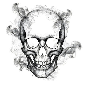 Detailed grayscale illustration of a human skull enveloped in swirling smoke against a transparent background