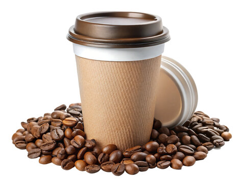 Brown paper coffee cup with lid surrounded by roasted coffee beans isolated on a transparent background 1