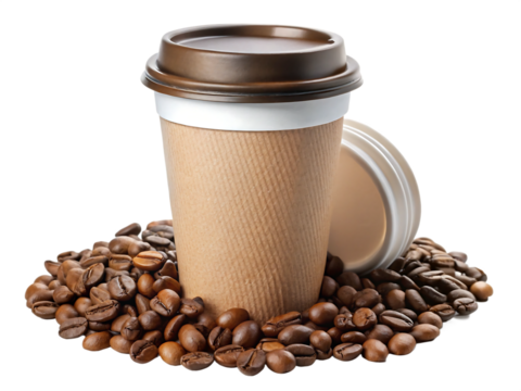 Brown paper coffee cup with lid surrounded by roasted coffee beans isolated on a transparent background 1