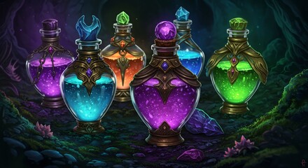 Vibrant fantasy potions glow mysteriously in dark cave setting. AI Generated
