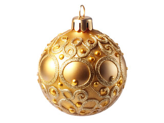 Ornate golden Christmas bauble with swirling patterns and glitter accents isolated on a transparent background