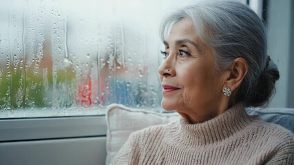 A contemplative elderly woman in a window during rain, possibly lost in thought or prayer. - Powered by Adobe