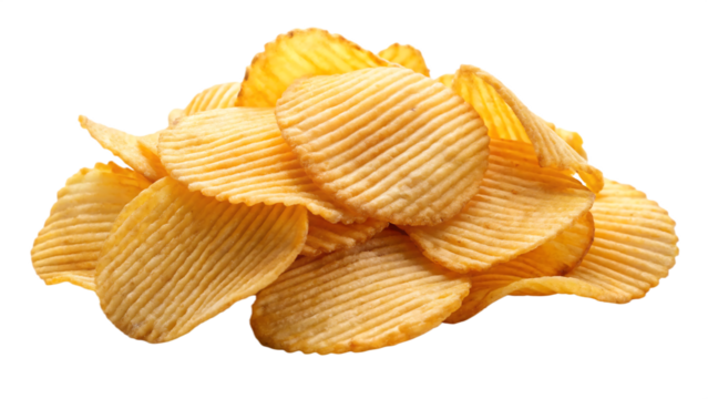 Pile of golden ridged potato chips with wavy edges isolated on a transparent background snack food