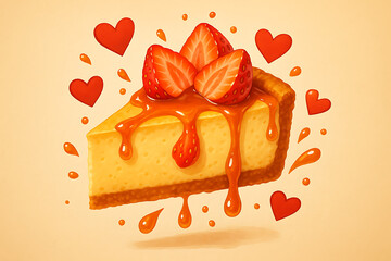 Whimsical cheesecake slice with strawberry topping and caramel sauce floating with hearts for national cheesecake day dessert fantasy digital artwork