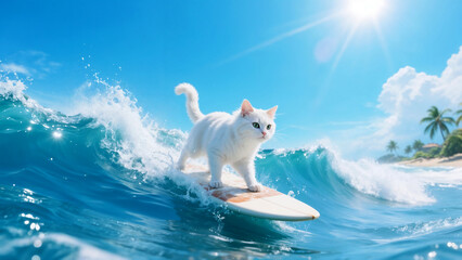 Vivid seascape, cat with determined expression and fur fluttering in the wind casually balances on surfboard with tropical paradise in the background