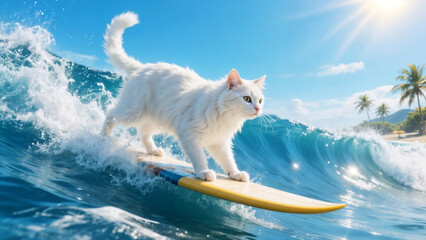 Vivid seascape, cat with determined expression and fur fluttering in the wind casually balances on surfboard with tropical paradise in the background