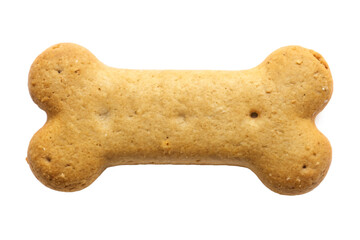 Single bone shaped dog biscuit with textured surface and small holes isolated on a transparent background 1