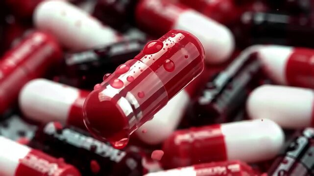 a red and transparent capsule breaking open, revealing a fine powder spilling out