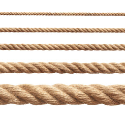 Ropes of different thickness isolated on white, set