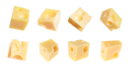 Cubes of fresh cheese on white background, collage