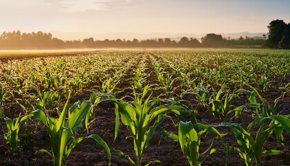 rows of corn plants in a field at sunrise with visible dewdrops on leaves