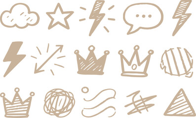 Collection of hand drawn doodle icons featuring clouds stars lightning bolts speech bubbles and crowns isolated on transparent background