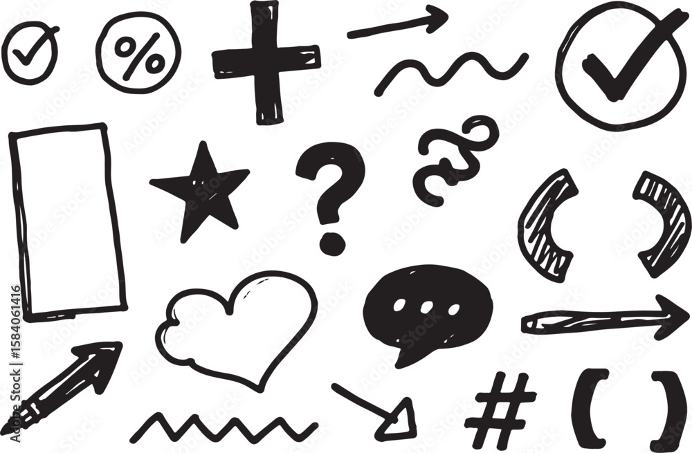 Poster collection of hand drawn black sketch icons including checkmarks arrows plus sign star heart speech 