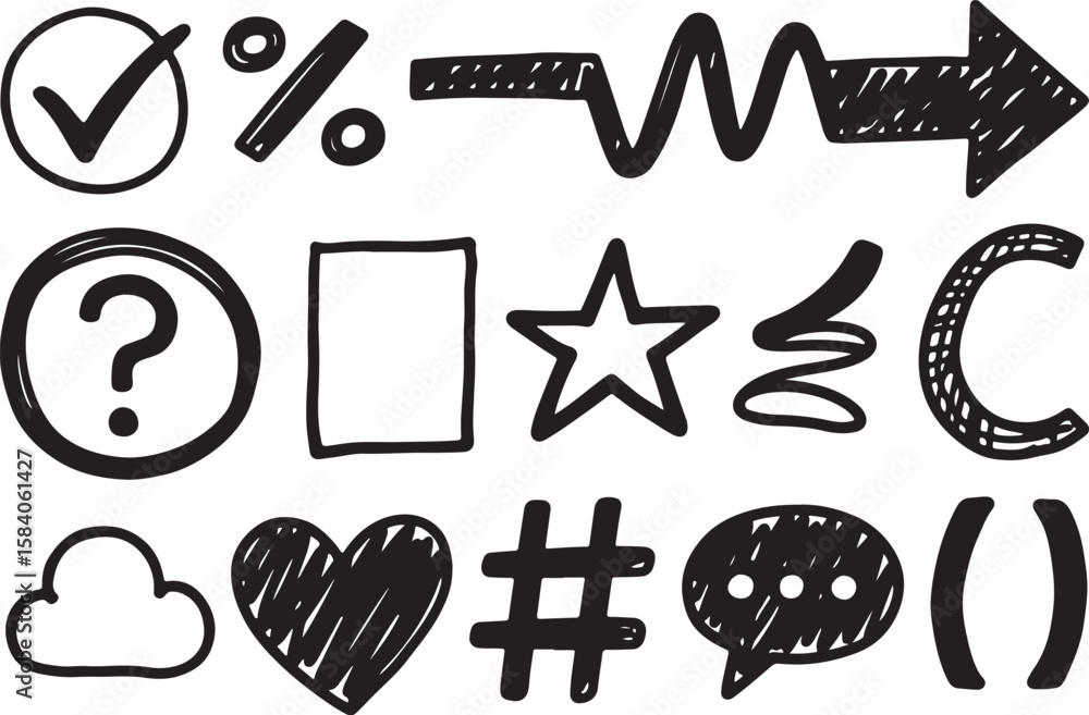 Poster collection of hand drawn doodle icons including a checkmark heart star question mark and arrow isola