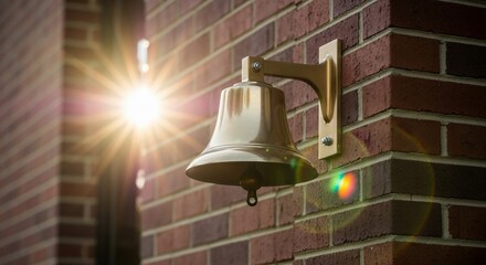 Shiny brass bell hanging on brick wall with bright sunlight reflecting off it school church fire alarm