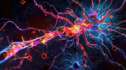 Obraz premium Vibrant Neural Network Neuron Cell with Glowing Synapse Connections