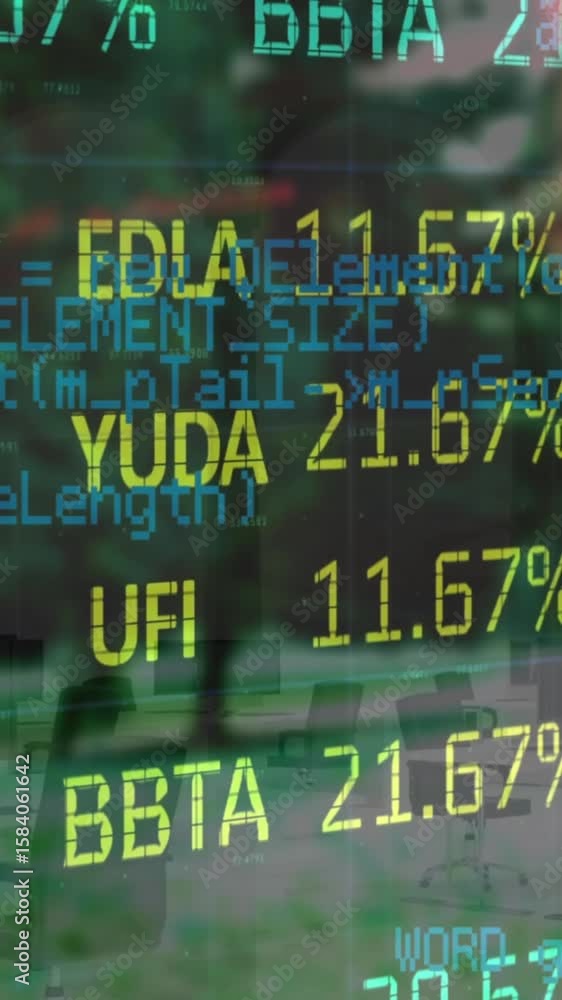 Poster animation of financial data processing over laptop and financial data processing stock in background