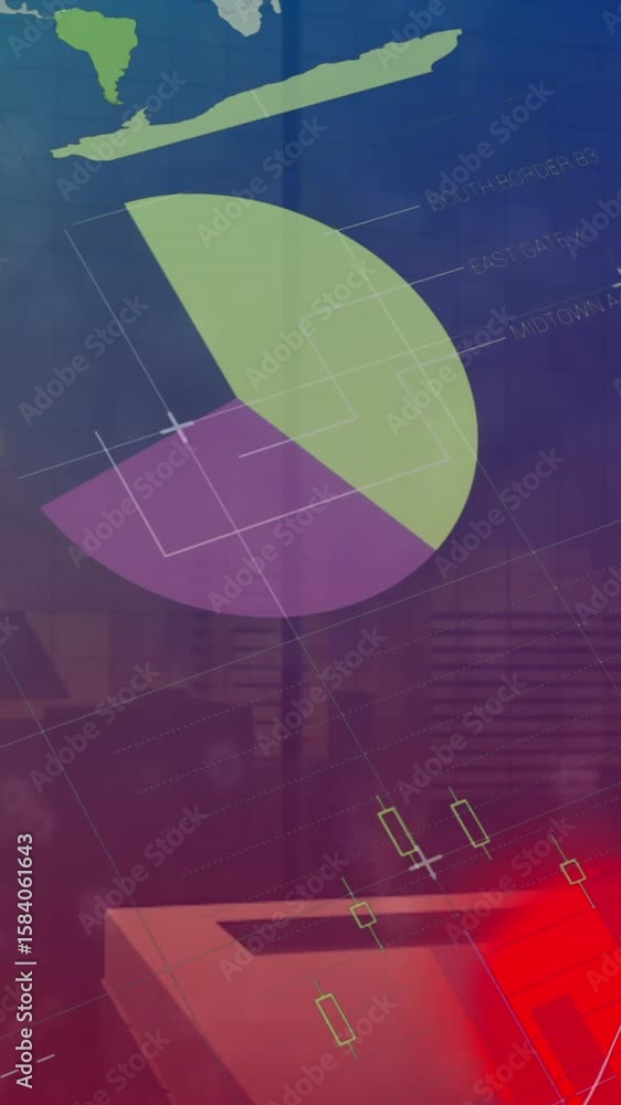 Poster animation of statistical data processing over liquid abstract shapes against tall buildings