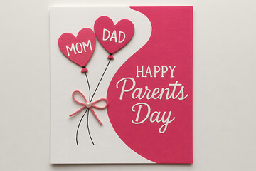 Happy parents day card with pink heart balloons saying mom and dad tied with ribbon expressing love and gratitude in modern creative handmade paper design