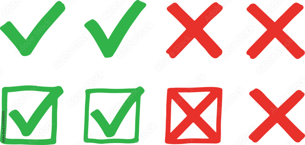 Poster set of green checkmarks and red crosses in different styles isolated on transparent background