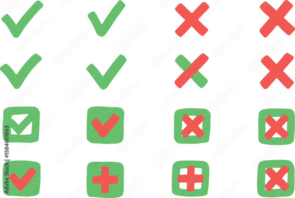 Poster collection of hand drawn green checkmarks and red crosses in various styles isolated on transparent 